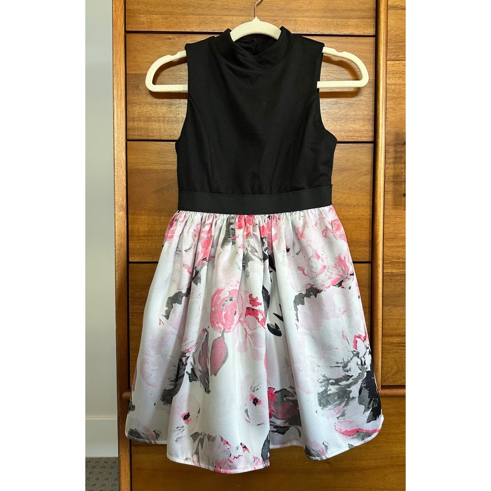 Zunie Floral Mock Neck Party Dress Size 10 Black Pink White Like New